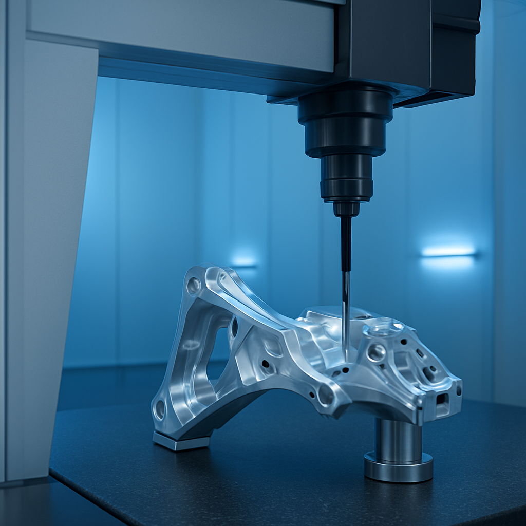 CMM coordinate measuring machine probing a precision machined aluminum aerospace part