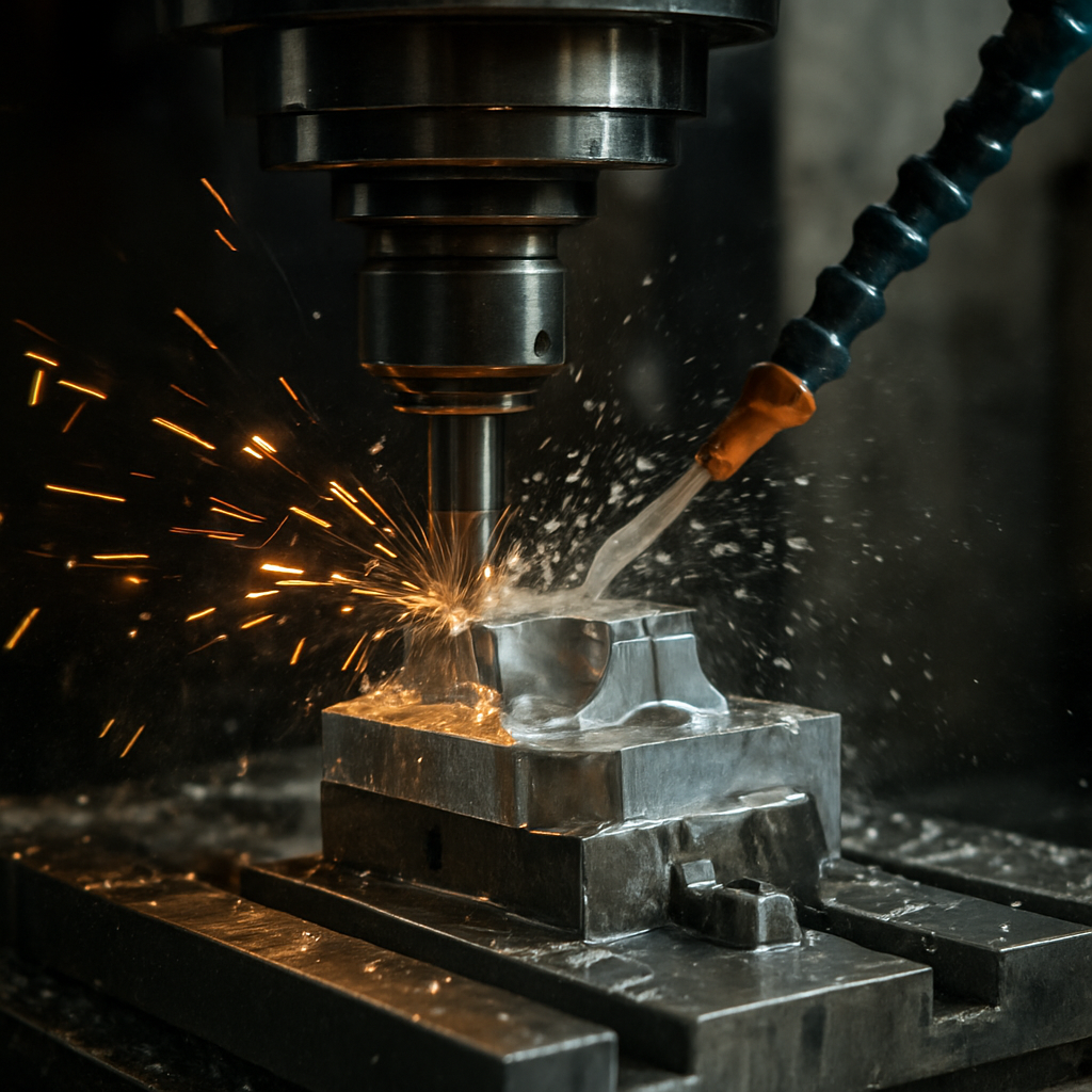 5-axis CNC milling machine cutting an aluminum part