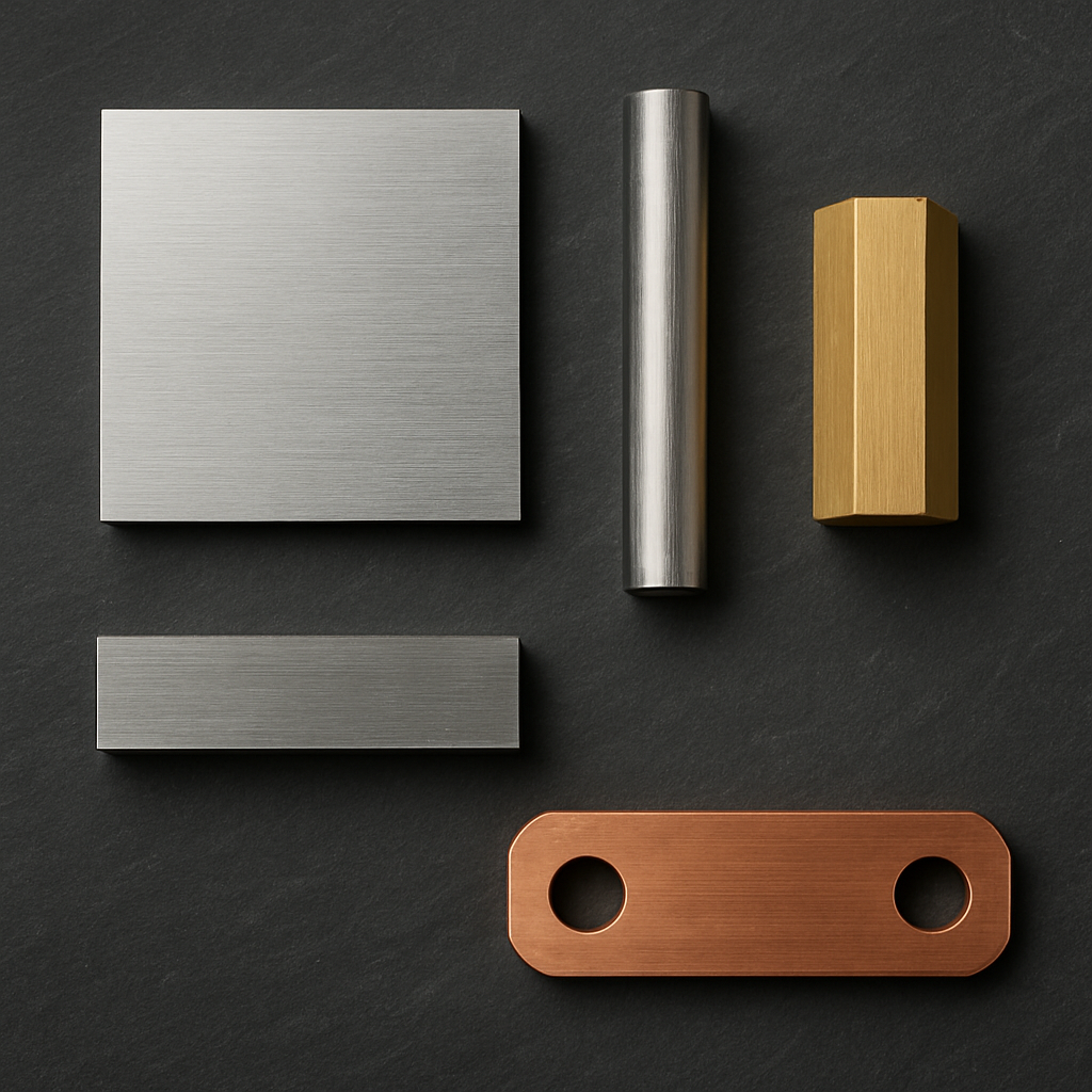 Precision CNC machined material samples — aluminum, stainless steel, brass, titanium, copper